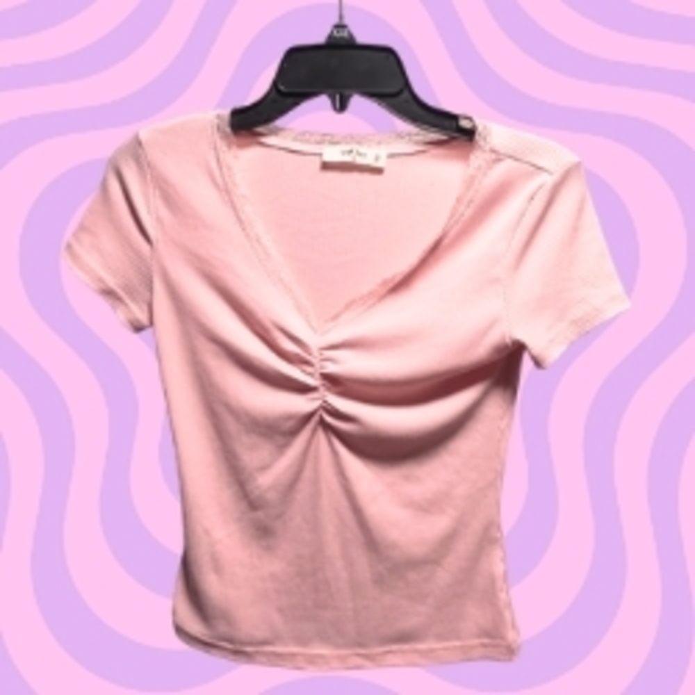 Pink Ribbed Lace Trim Ruched Front Top